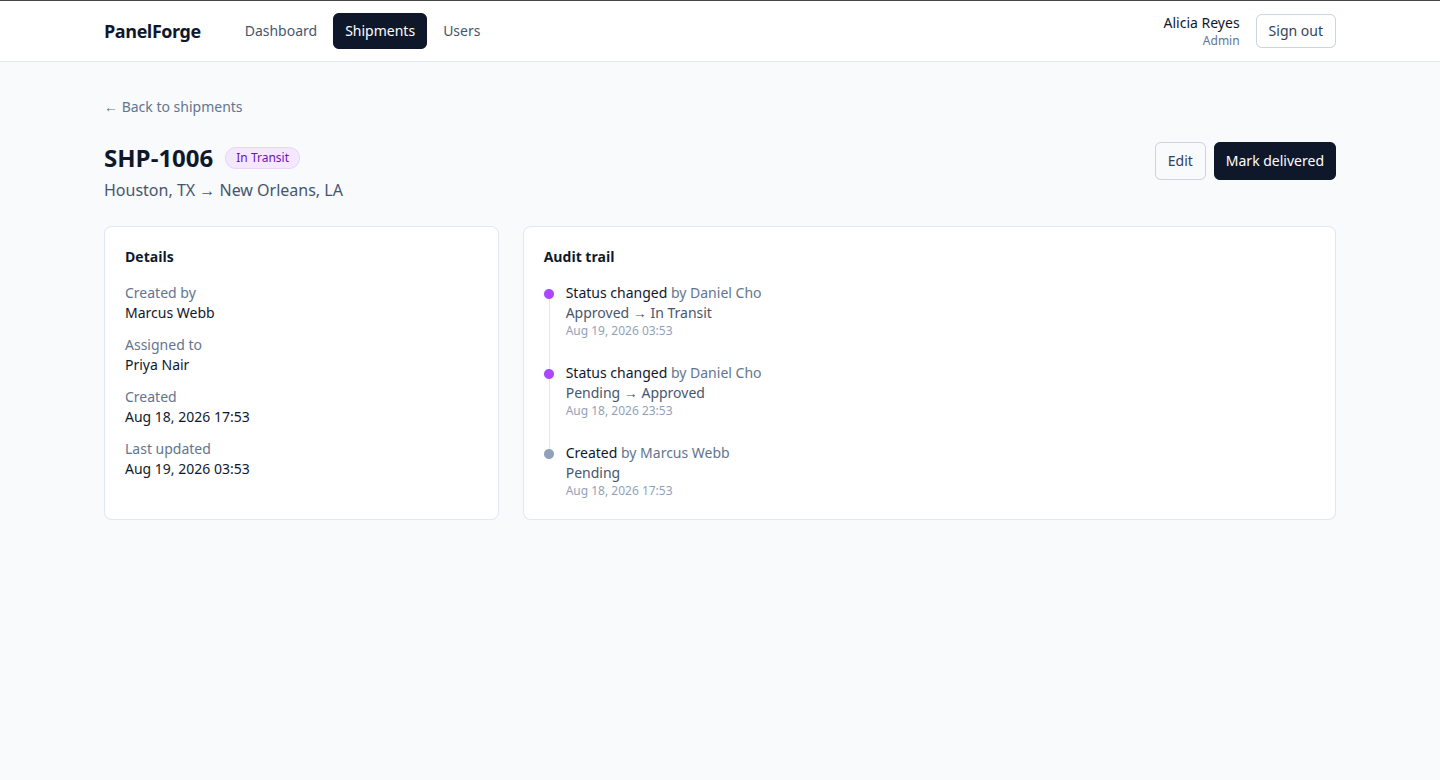 Shipment detail page showing full audit trail of status changes