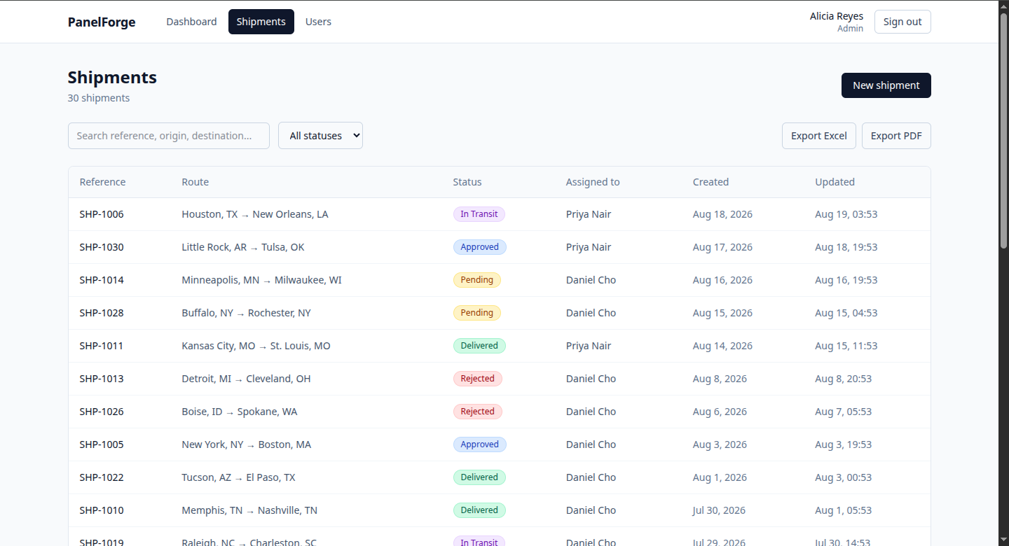 Shipment list with search, status filter, and export actions